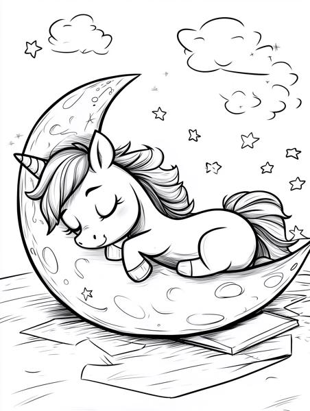 A cute cartoon unicorn peacefully sleeping on a crescent moon, surrounded by stars and fluffy clouds in a dreamy night sky.